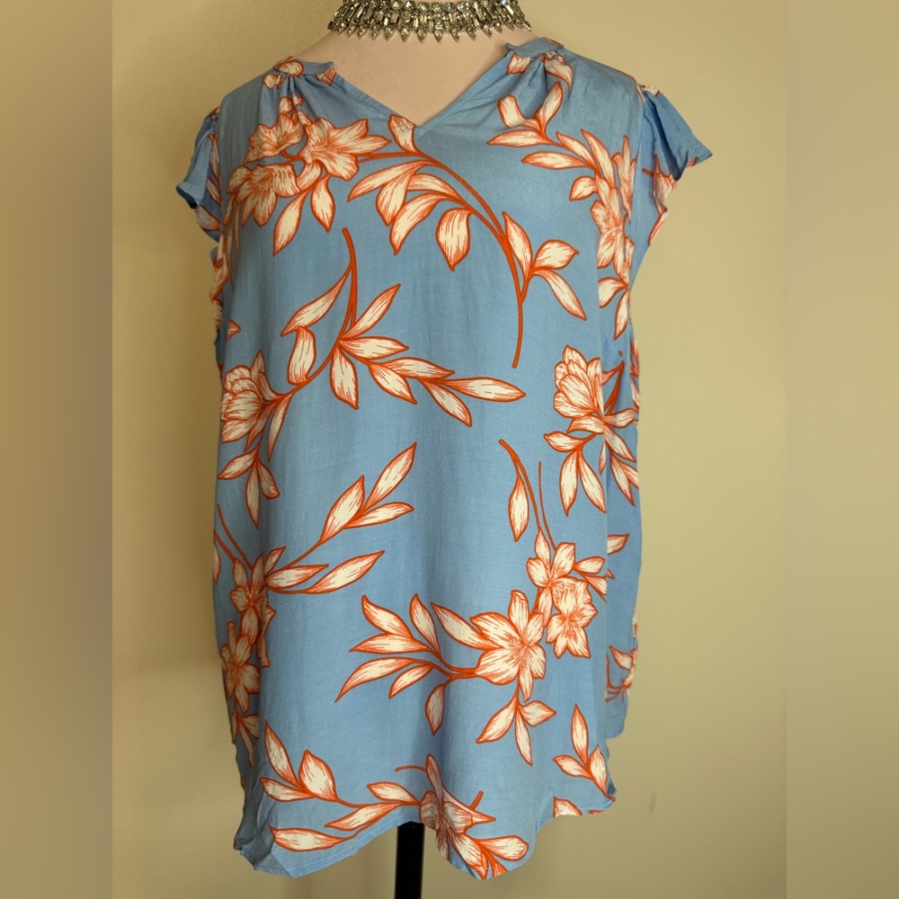 Talbots NWT Floral Blue and Orange Women's ruffle sleeve blouse in size PXL